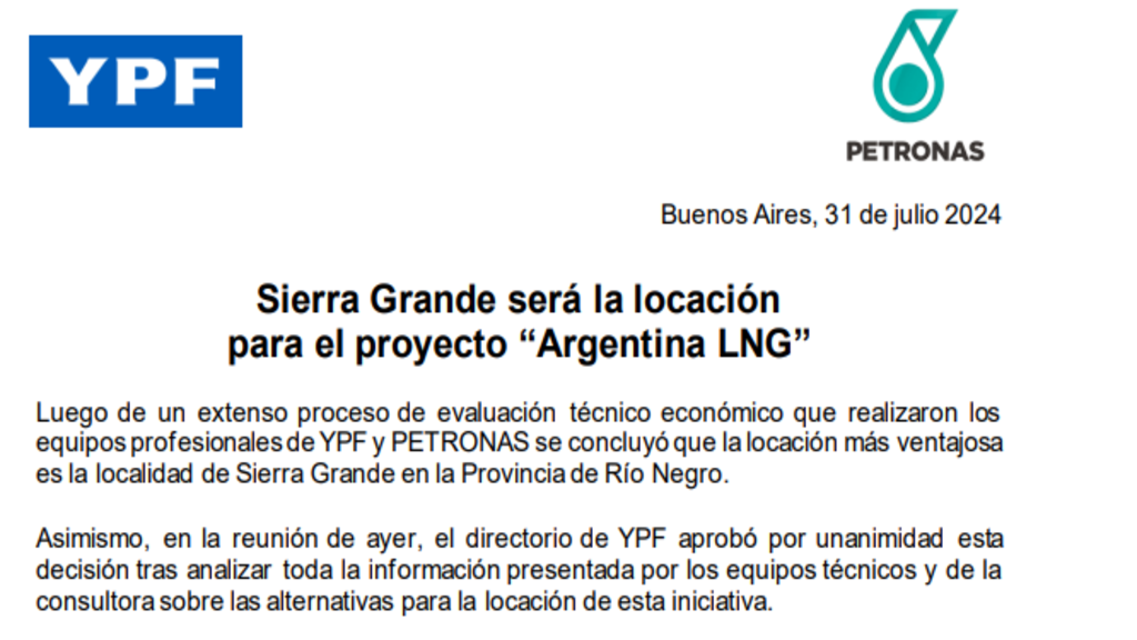 Comunicado, YPF, Petronas, Argentina GNL, Sierra Grande